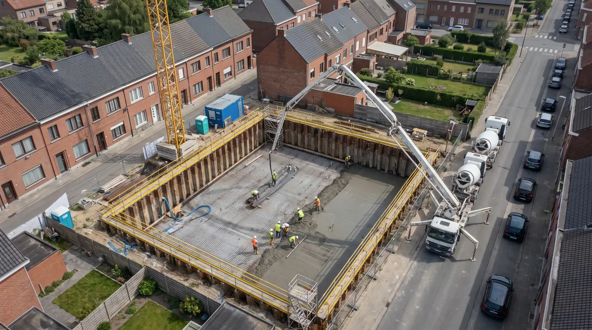 Luchtfoto van een betonstorting op een bouwwerf