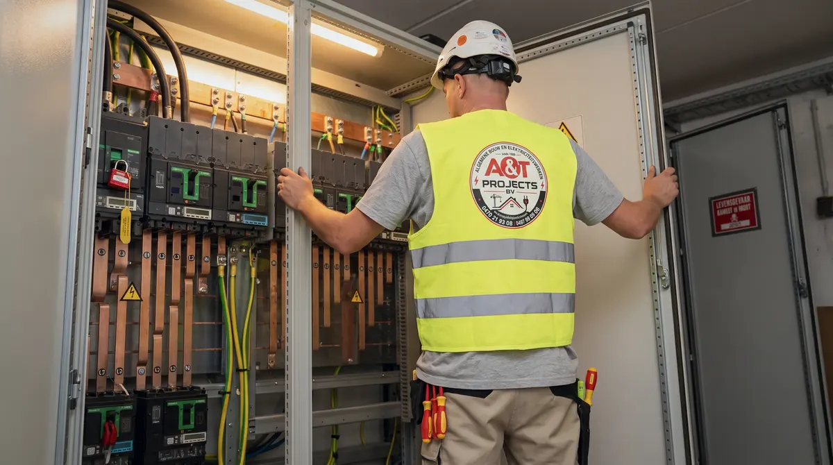 Elektricien van A&T Projects bij een elektrische kast